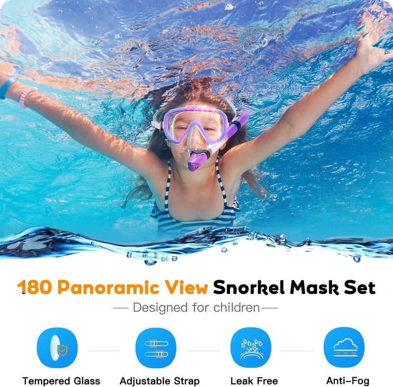 Seovediary Kids Snorkel Set, Anti-Fog Panoramic Tempered Glass Kids Snorkel mask, Anti-Leak Scuba Diving Mask with Mesh Bag, Dry Top Snorkeling Gear for Kids and Youth Age 4-16 - Image 2